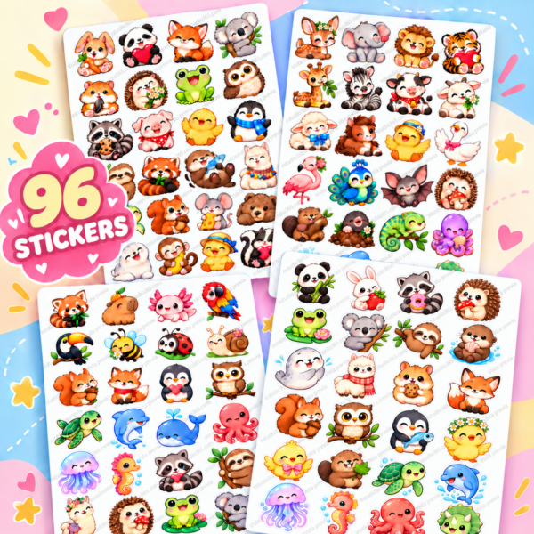 Pack de 96 Stickers Kawaii de Animales para Imprimir