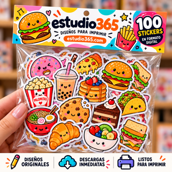 Pack de 100 stickers kawaii de comida