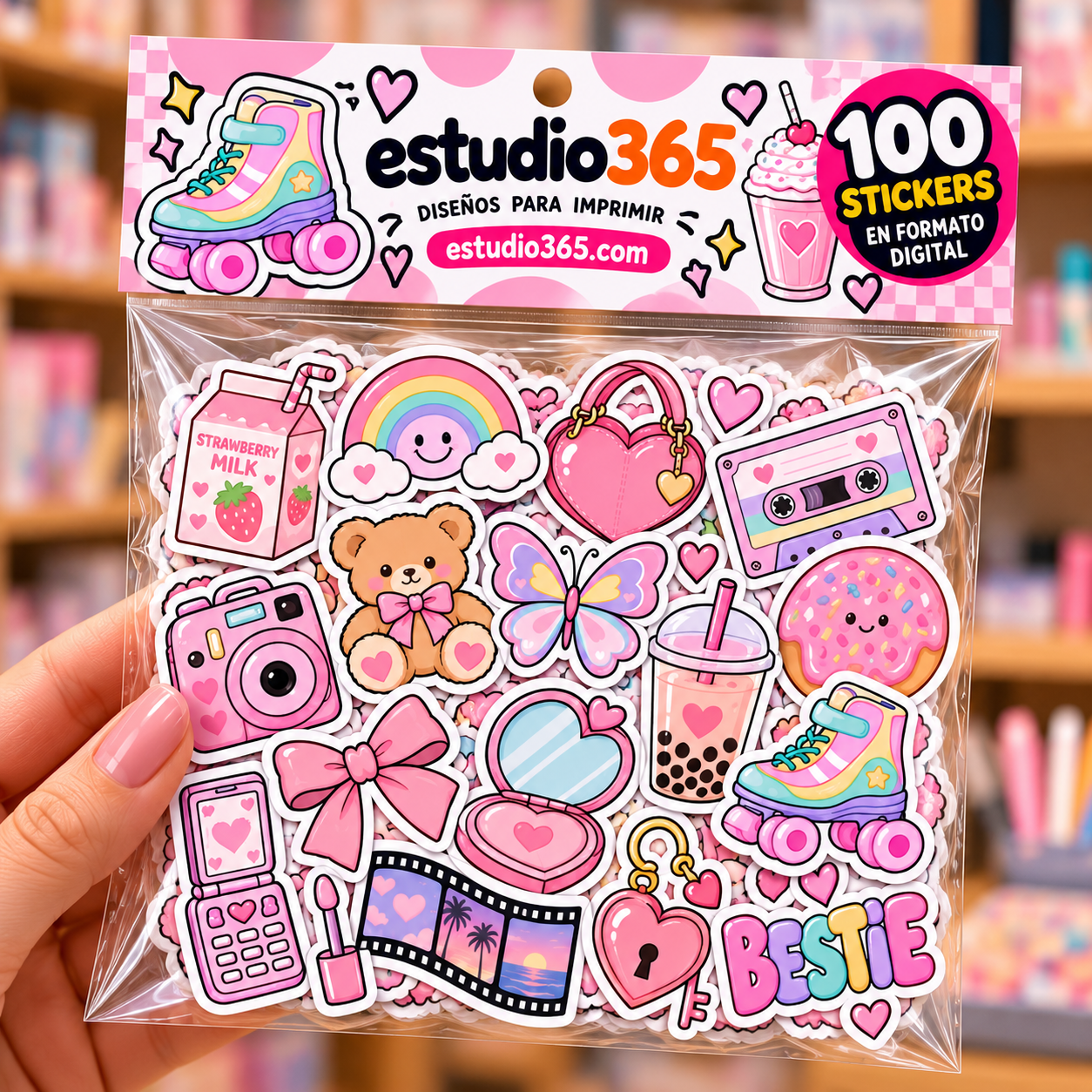 file_00000000eb44820eb146de18a536ae95 Pack 100 Stickers Kawaii Rosa - Imagen 1