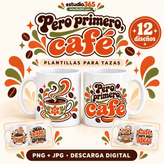 Pack de 12 plantillas para tazas de café con estilo retro Pero primero, café de Estudio365