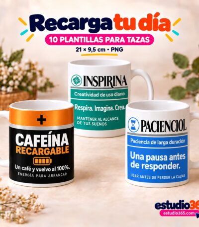 Mockup Pack de 10 plantillas para tazas Recarga y buen humor