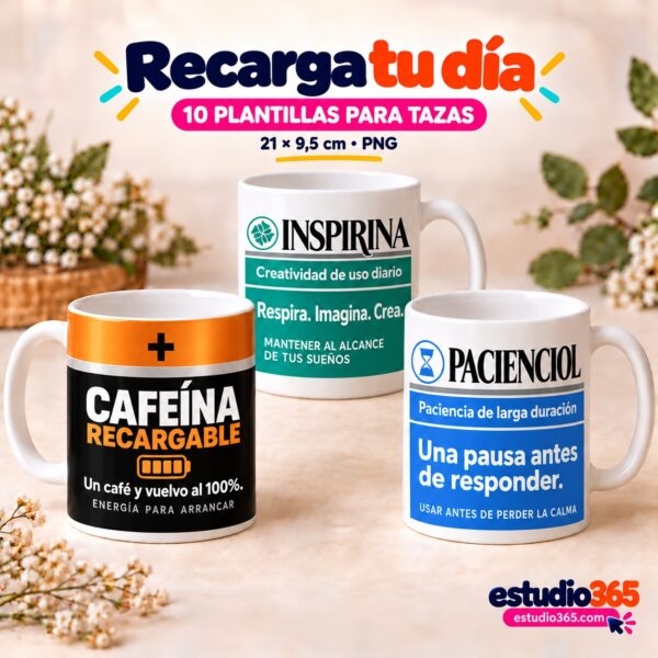 Mockup Pack de 10 plantillas para tazas Recarga y buen humor