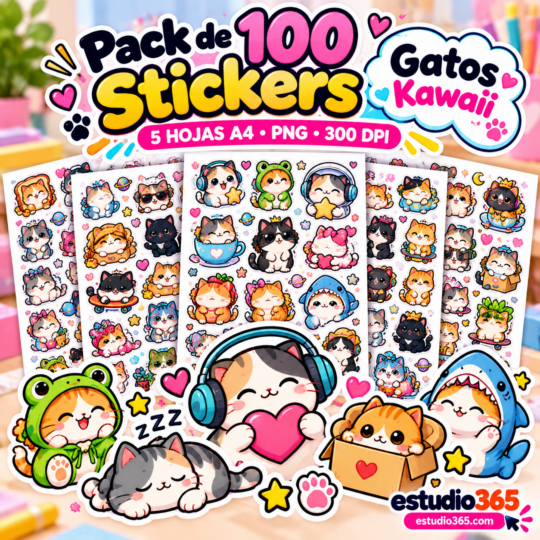 Pack de 100 Stickers de Gatos Kawaii