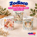 Mockup Pack de 12 Plantillas para Tazas Zodiaco