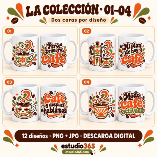 Diseños 01 a 04 del pack de tazas de café, con ilustración y frase en caras opuestas