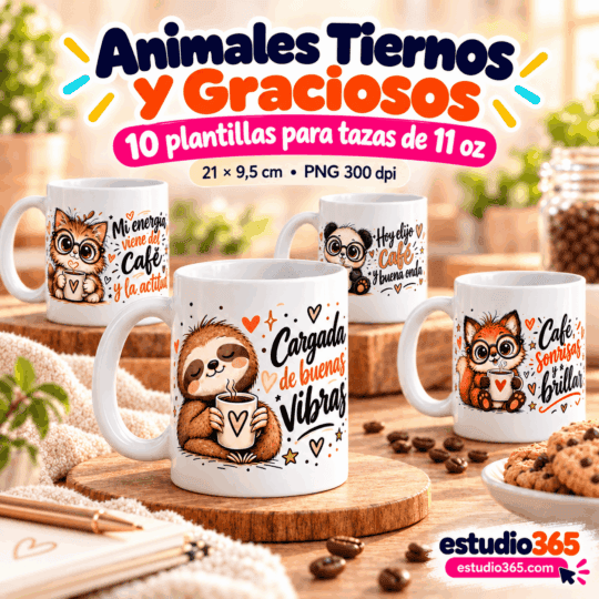 Pack de 10 Plantillas para Tazas Animales Tiernos y Café
