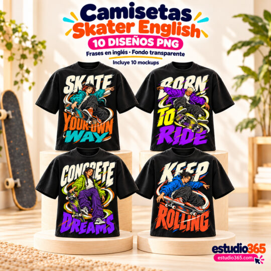 Mockup Camisetas Skater en inglés – 10 diseños PNG
