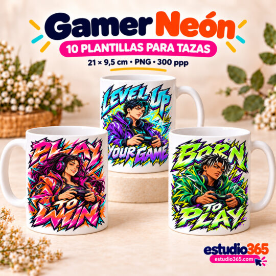Mockup Pack de 10 plantillas para tazas – Gamer Neón