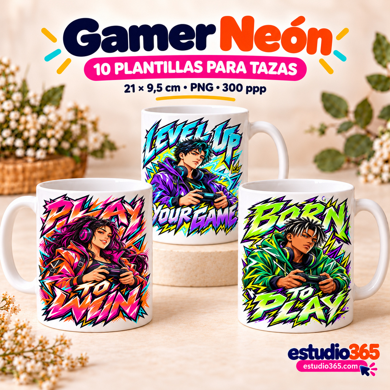 Mockup Pack de 10 plantillas para tazas – Gamer Neón