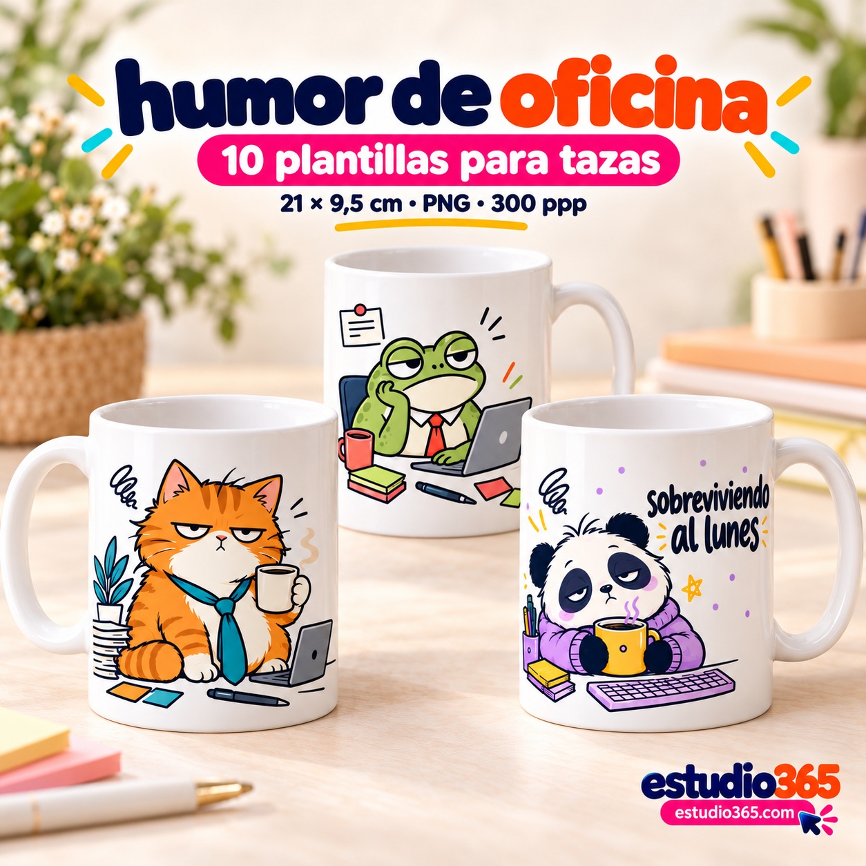 Mockup Pack de 10 Plantillas para Tazas Humor de Oficina