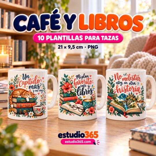 Pack de 10 plantillas para tazas Café y libros
