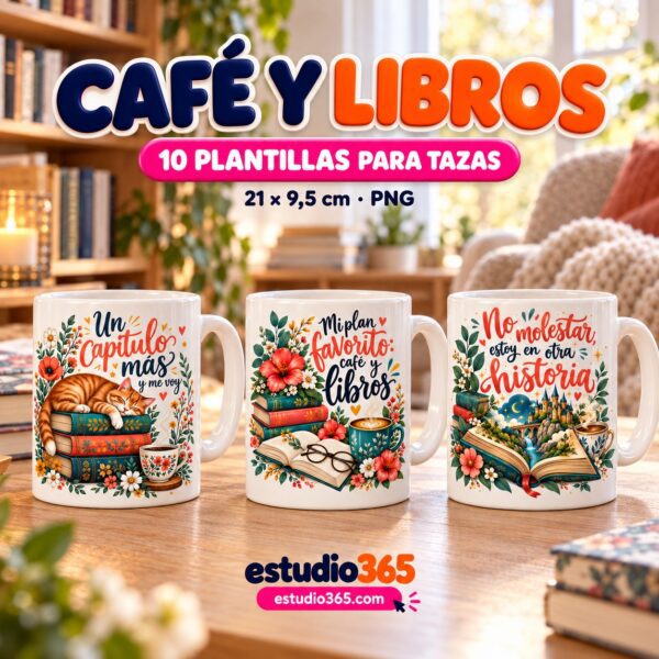 Pack de 10 plantillas para tazas Café y libros