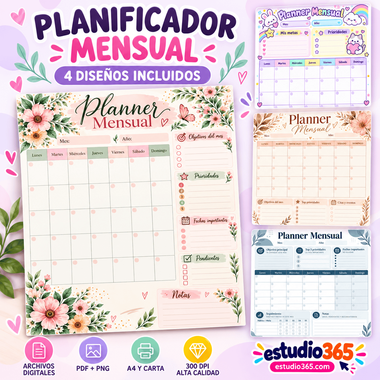 Planificador Mensual Imprimible 4 Diseños (2) Planificador Mensual Imprimible 4 Diseños - Imagen 1
