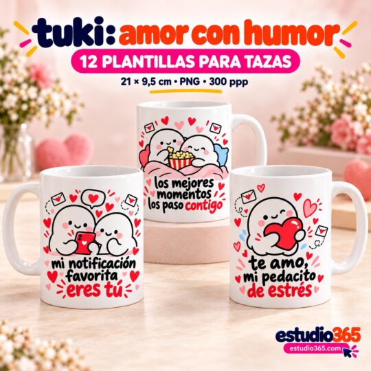 Mockup Pack de 12 Plantillas para Tazas Tuki Amor con Humor