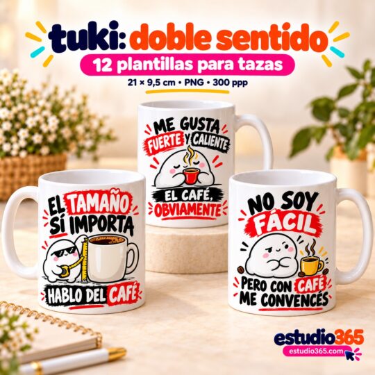 Mockup Pack de 12 Plantillas para Tazas Tuki Doble Sentido