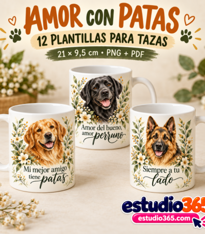 Mockup Pack de 12 Plantillas para Tazas Amor con Patas