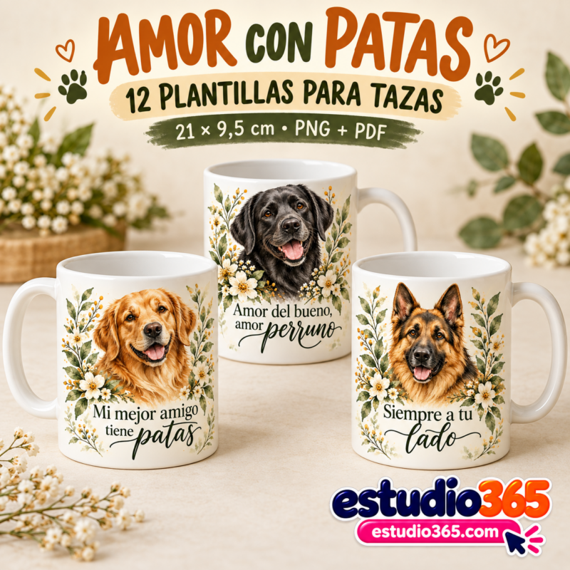 Mockup Pack de 12 Plantillas para Tazas Amor con Patas