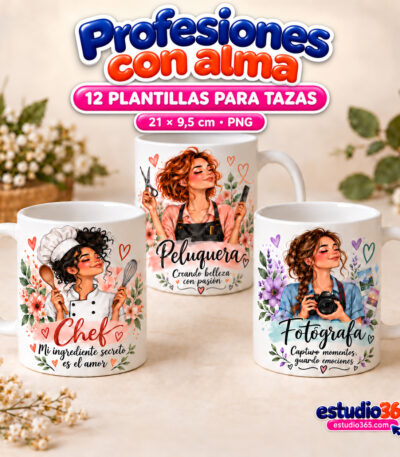 Mockup Pack de 12 Plantillas para Tazas Profesiones Femeninas