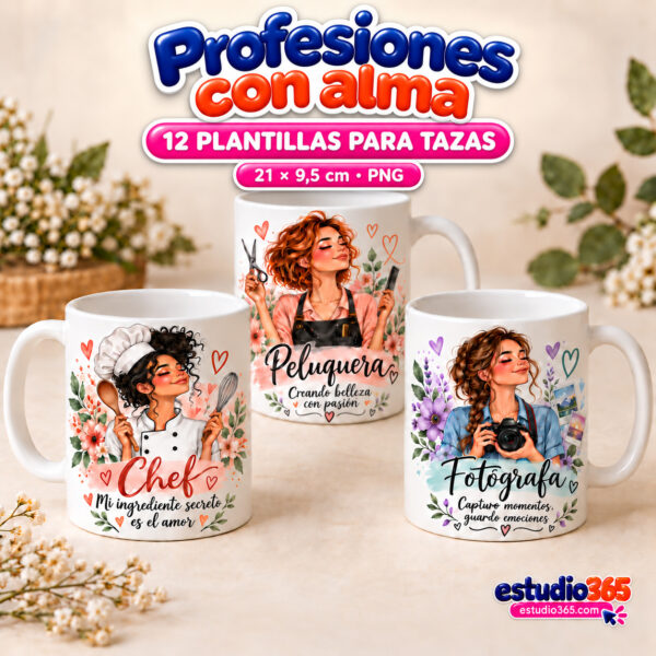 Mockup Pack de 12 Plantillas para Tazas Profesiones Femeninas