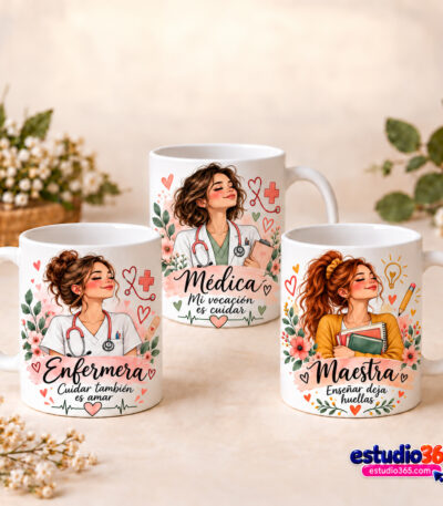 Mockup Pack de 12 Plantillas para Tazas Profesiones Femeninas