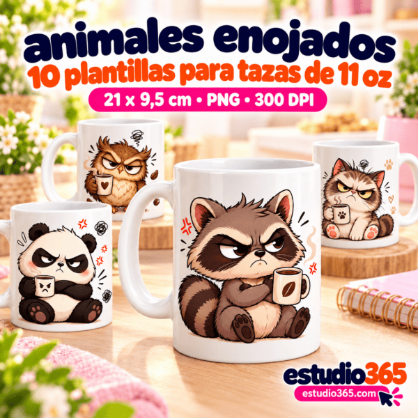 Pack de 10 Plantillas para Tazas Animales Enojados y Frases Graciosas