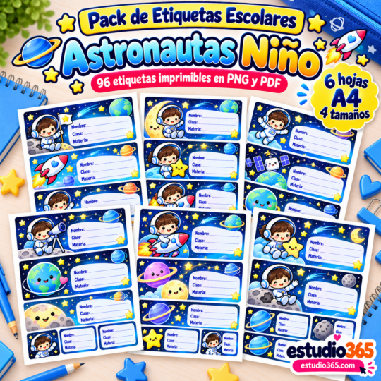 Pack de Etiquetas Escolares Astronautas Niño