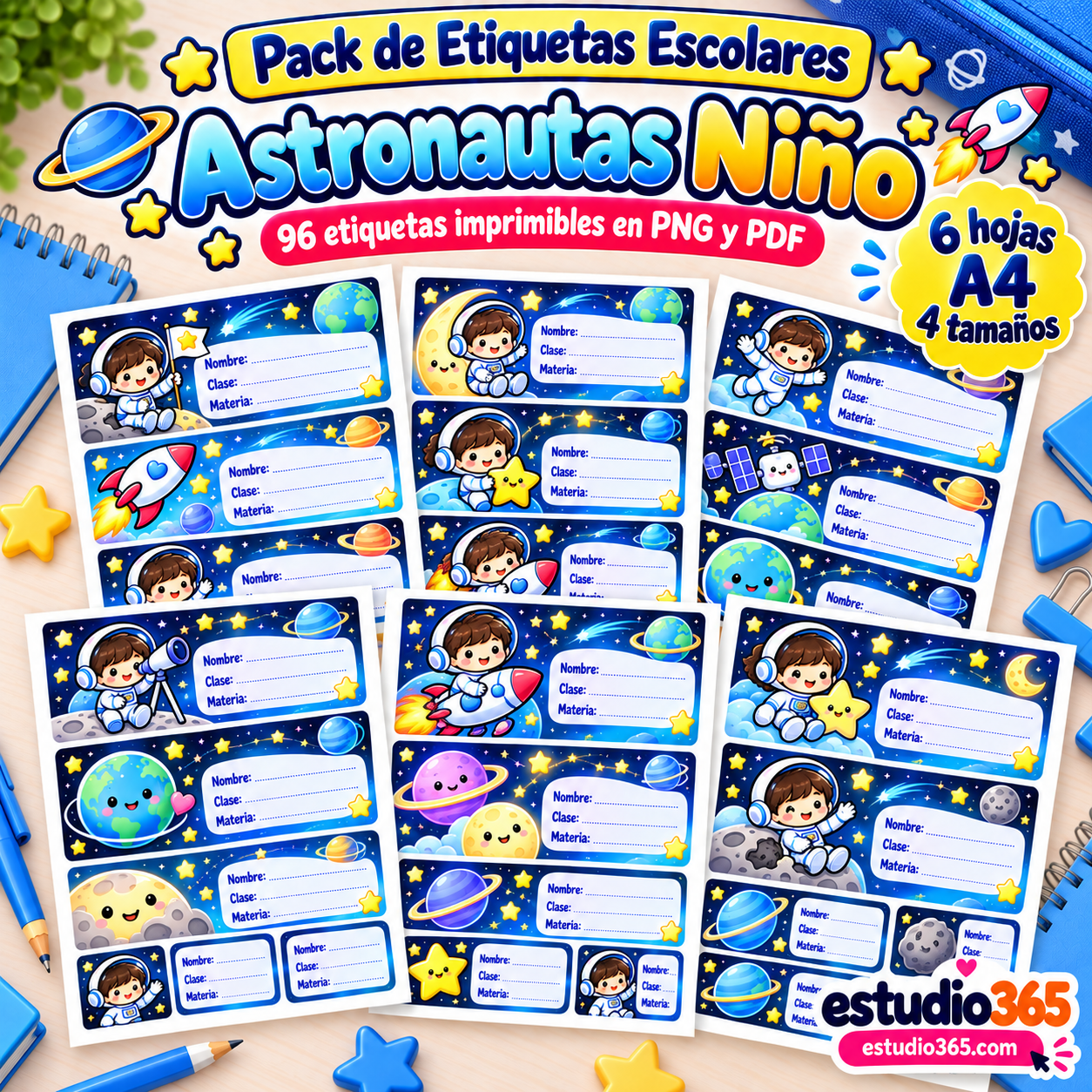 Pack de Etiquetas Escolares Astronautas Niño - Imagen 1
