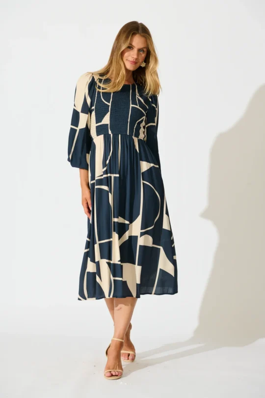 Calissa Midi Dress in Navy Linen Blend